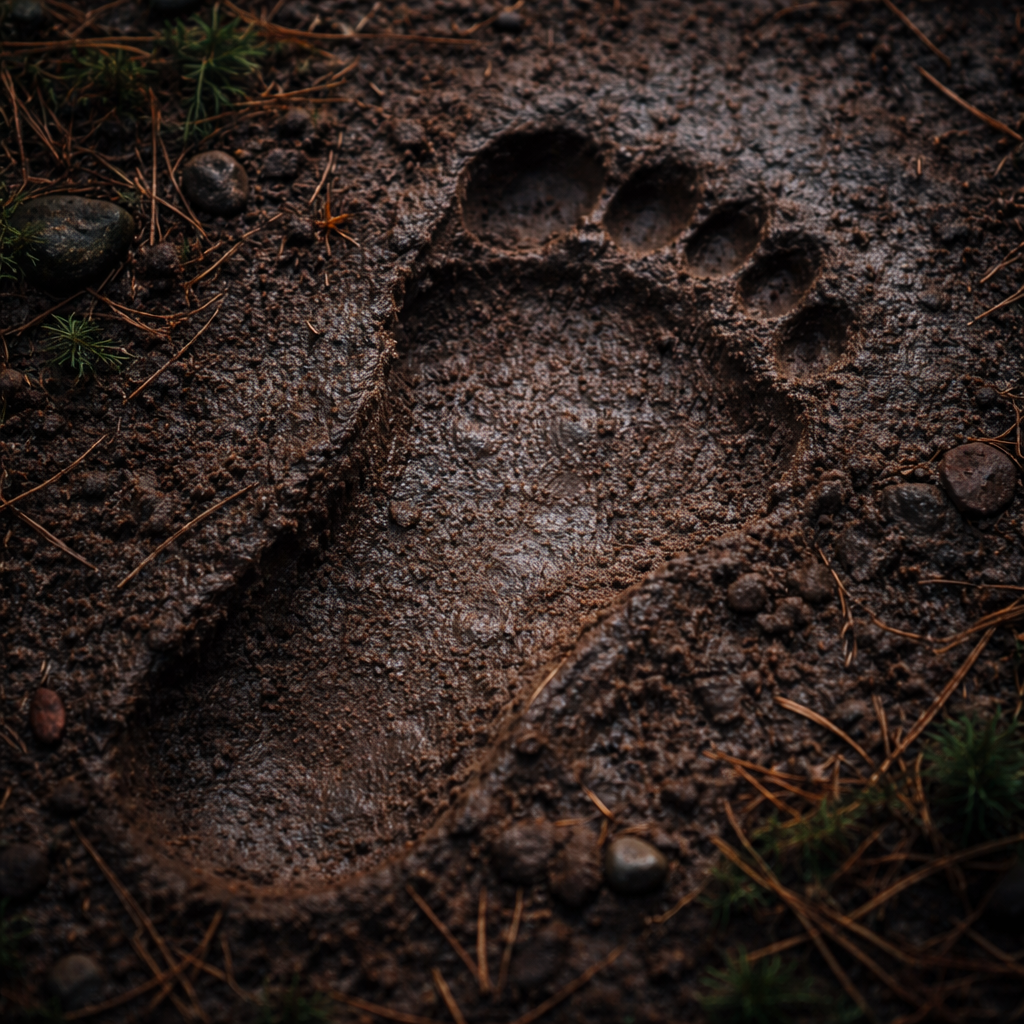 Photorealistic Bigfoot footprint impressed in wet forest mud