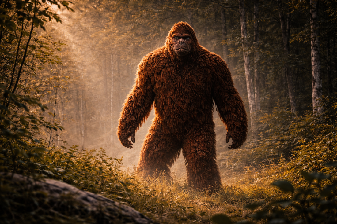 Photorealistic Bigfoot standing in a misty forest clearing