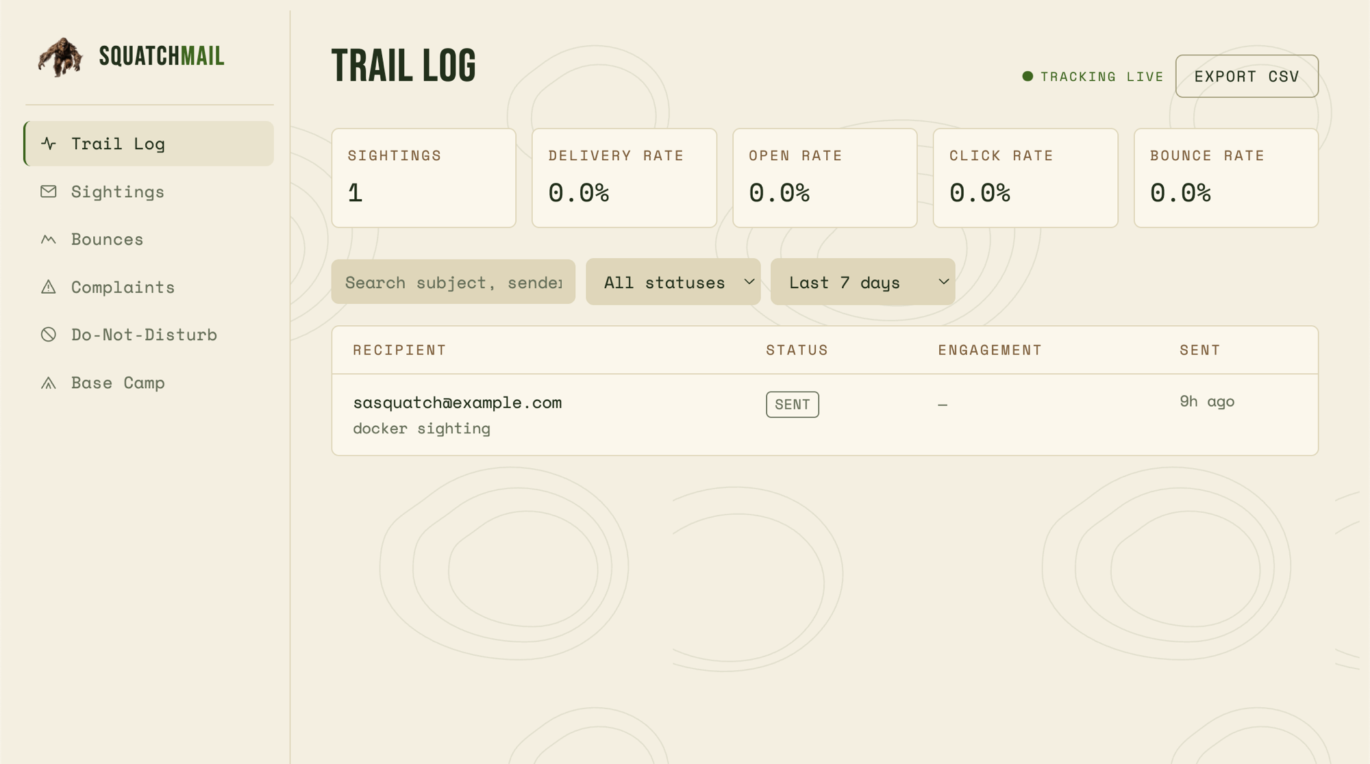 The SquatchMail Trail Log dashboard: sidebar navigation, delivery / open / click / bounce rate stats, and a table of sent emails with live tracking